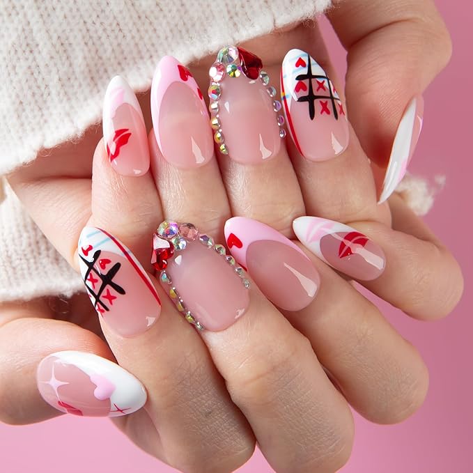 LOVFUL Valentine's Short Press on Nails Heartbeat Diary | Handmade Acrylic Press ons | Reusable Fake Nails | Almond Regular 1.0 in | H729-M