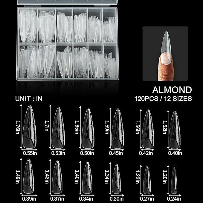 120Pcs Matte Dual Nail Forms,Long Almond Extension Poly Nail Gel Nail Forms Full Cover Nail Molds 12 Sizes for Solid Nail Gel Glue Nail Art Design Salon&DIY