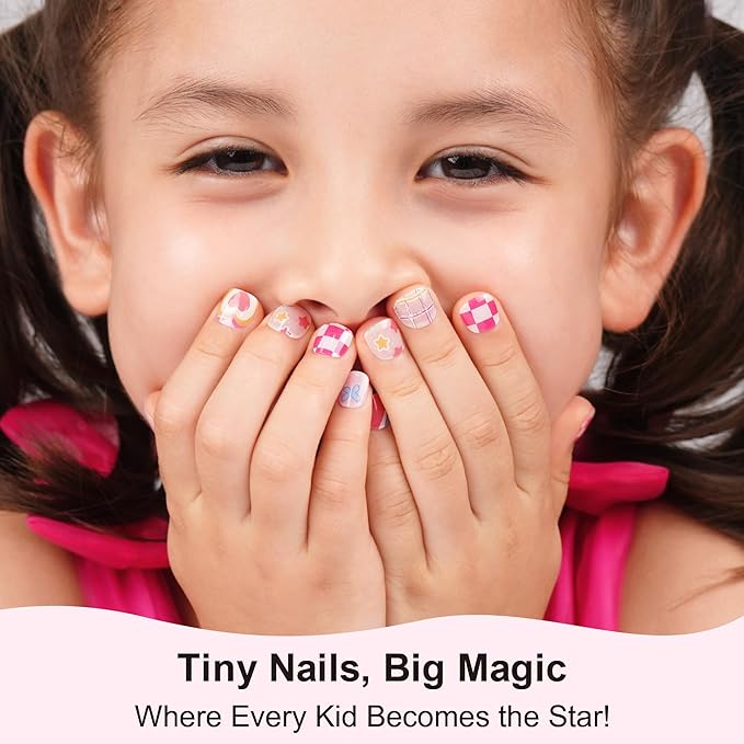 DANNI & TONI Kids Gel Nail Strips Heart Checker Butterfly Stars Salon-Quality Peel & Stick Manicure for Children (Age 6+)– Safe, Long-Lasting, Easy to Apply |Flutterheart
