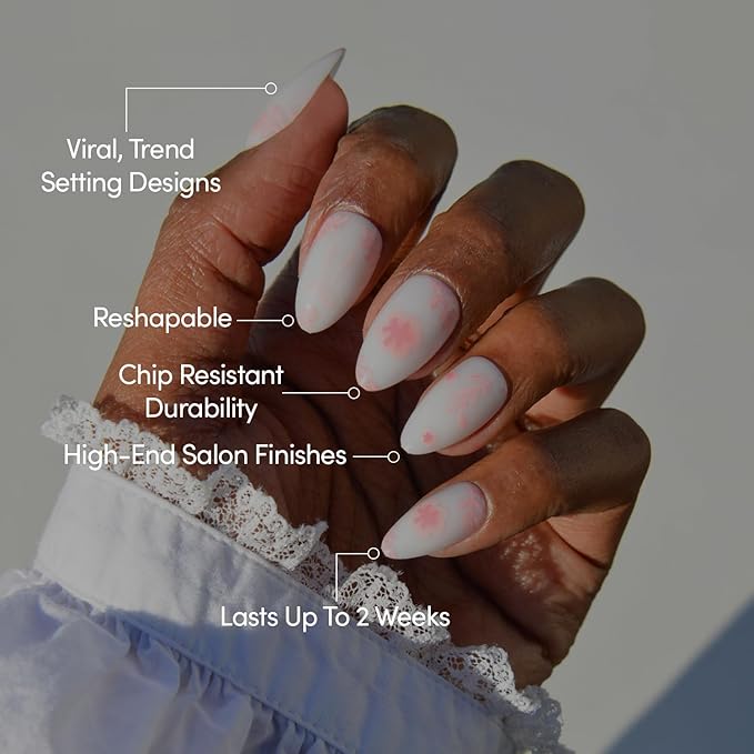 Valentines Day Glamnetic Press On Nails - Fleur Amour | Short Almond Fake Nails in White Base with Delicate Pink Floral Accents in a Glossy Finish | 15 Sizes - 30 Nail Kit with Glue