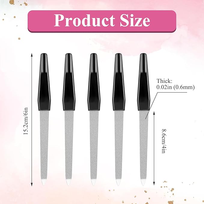 5PCS 6" Finger Nail Files Black Metal Nails File for Natural Nails, Stainless Steel Sword Fingernail Files with Sharp Pointed Tip Non Slip Handle, Diamond Nail Filer for Women Sapphire Grit