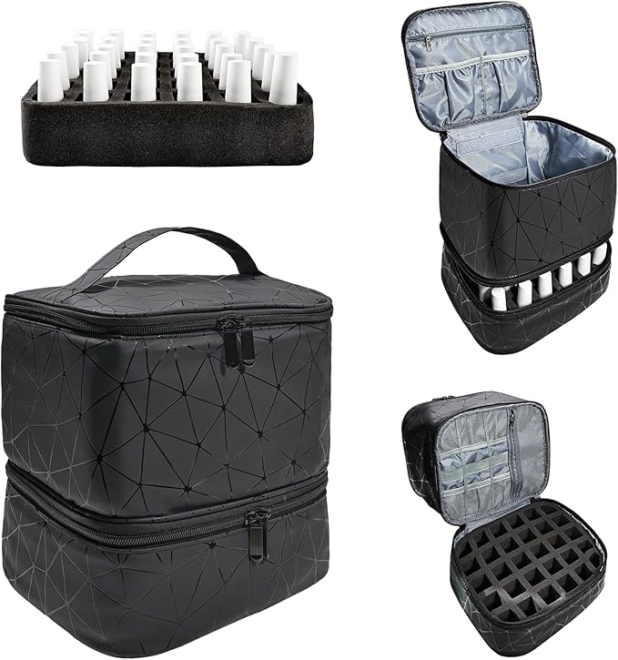 JEWHITENY Nail Polish Organizer Bag Holds 30 Bottles & Nail Lamp,Double-Layer PU Leathe Nail Polish Storage Bag with Adjustable Dividers,Portable Travel Nail Kit Storage Carrying Case (Black)