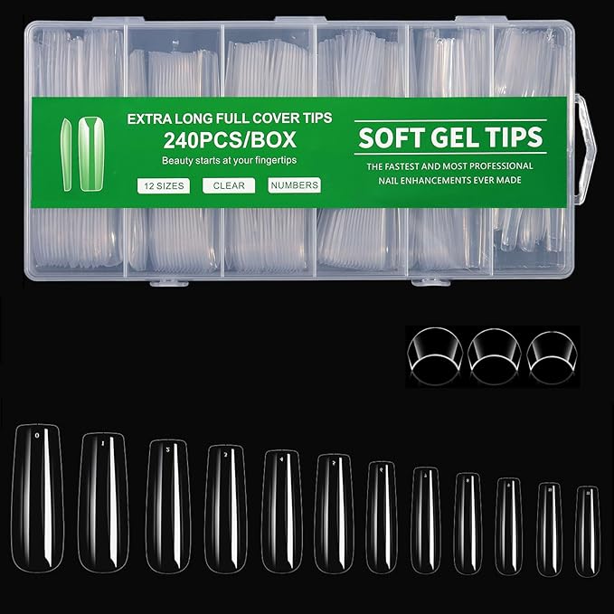 Long Square Nail Tips, 240Pcs Full Cover Soft Gel Nail Tips Pre-shaped 2XL Straight Shape Clear Acrylic False Nail Fake Nail Extension Press On for Salon Home DIY 12 Sizes