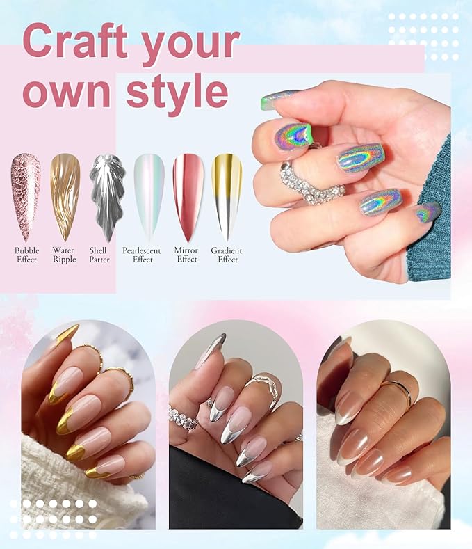 12 Pcs Chrome Nail Powder - Super Metallic Mirror Effect Holographic Aurora Iridescent White Pearl Chrome Nail Powder for Gel Nails DIY Gift for Women
