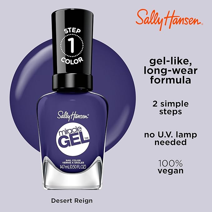 Sally Hansen Miracle Gel Salon Quality Nail Polish | Gel-Like Formula, Two-Step System, No UV Light Needed, Long Lasting | Opaque, Glossy | 605 Desert Reign | Dark Purple Nail Color