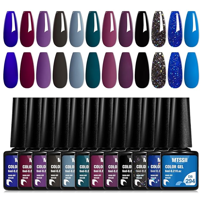 MTSSII Gel Nail Polish Set - 12 Colors Dark Purple, Blue, Navy, Dark Grey, Glitter, Red, Black Shimmer Gel Nail Gifts for Women, DIY Salon Home Manicure