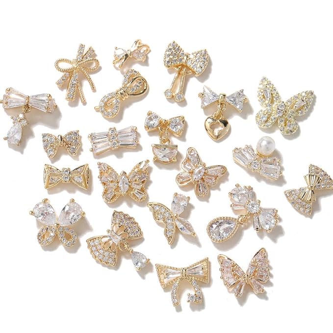 HNUIX Butterfly Nail Charms and Gems - Gold Copper Zircon, Multiple Shapes, Metal Bow-Knot Jewelry Rhinestones Charms, 27Pieces