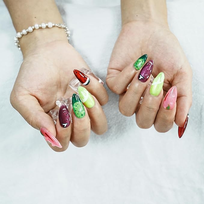Cat Eye Press on Nails Medium Almond - Summer Fruit Design with Hand-painted Watermelon Lemon & 3D Water Drop Cute Edgy Style, Thick Acrylic and Muti-Layer Gel False Nails(Fruit Party,S)
