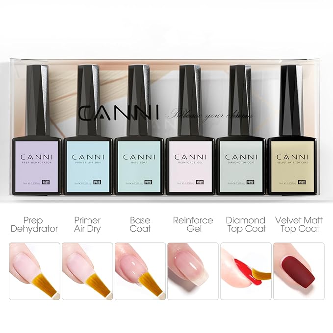 CANNI 6Pcs 9ml Hema-Free Nail Dehydrator Primer, Base Coat Reinforce Diamond Gel Top Coat and Matte Top Coat Gel Nail Polish Set, Soak Off LED Nail Gel Polish Set Nail Art Starter Manicure Salon
