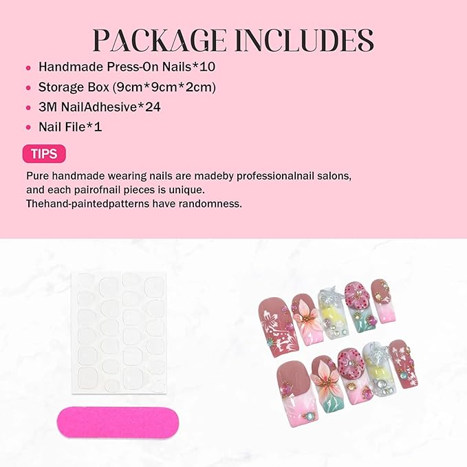 Handmade Press on Nails Square Medium Fake Nails pink Gradient French Tips Nails Press Ons with 3D Floral Design False Nails Luxury Full Cover Glue on Nail for Women Manicure 10Pcs(Size M)