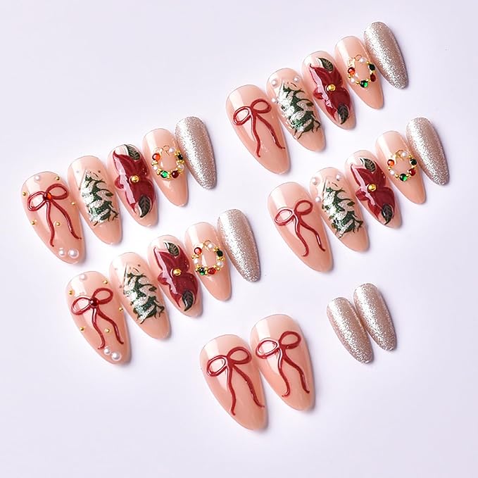 Christmas Press on Nails Medium Almond MABKJLF Fake Nails 3D False Nails with Flower Bow Tree Pearls Gold Ball Glitter Designs Glossy Glue on Nail Winter Acrylic Nails for Women Girls 24Pcs