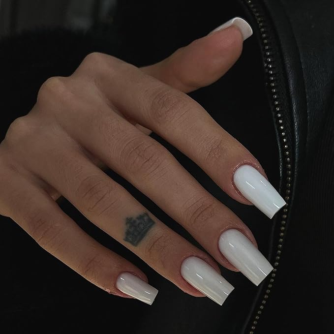 KQueenest White Press on Nails Long Medium Square, Milky White Fake Nails Medium Coffin, Glossy Sheer Color Acrylic Nails Press ons, Reusable Soft Gel Glue on Nails for Women DIY Manicure