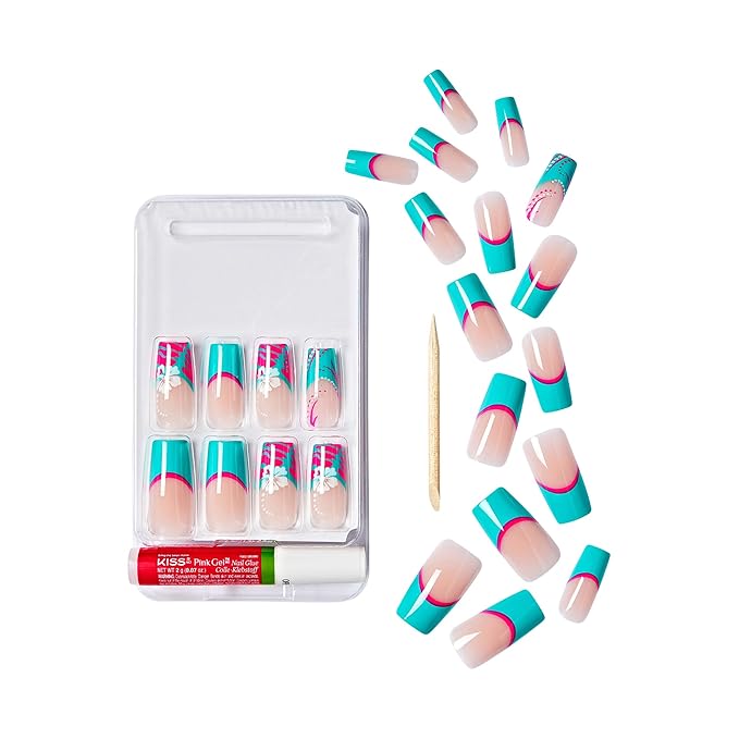 GoldFinger 24 Pcs Press On Nails, Long Square Fake Nails, Flower French Tip Gel Stick On Extensions, Reusable Full Cover False Nail Kit with Glue, Manicure Stick & File, 7 Day Long Lasting Wear