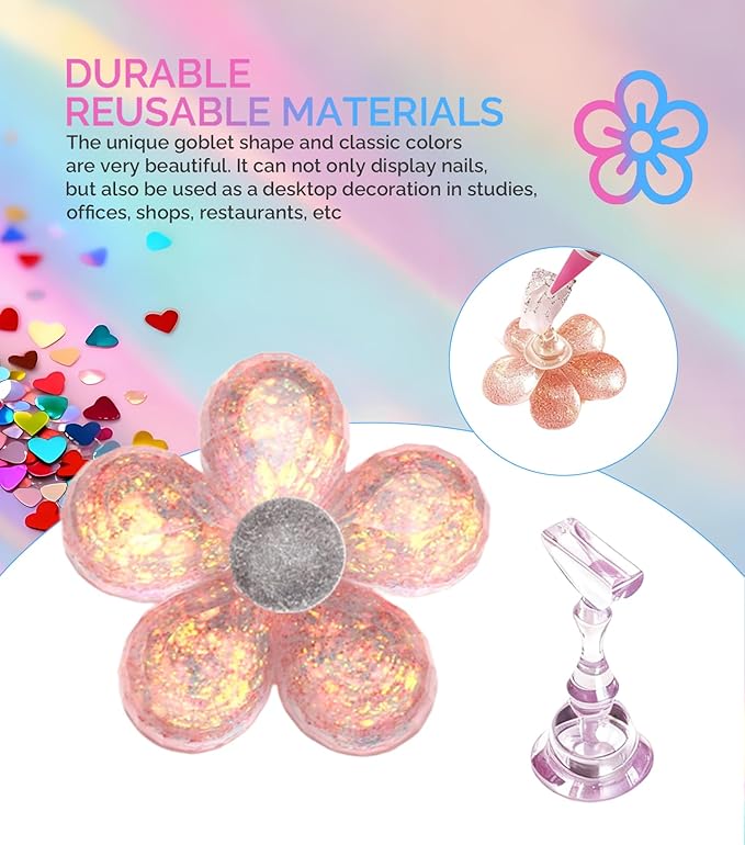 Nail Stand for Press On Nails – 3 Set Acrylic Nail Holders For Painting Nails, 15 Nail Stand, 30Pcs Adhesive Putty Clay, 1 Flower Shaped Base & Tweezer – Nail Art Practice Kit for Salon & Home