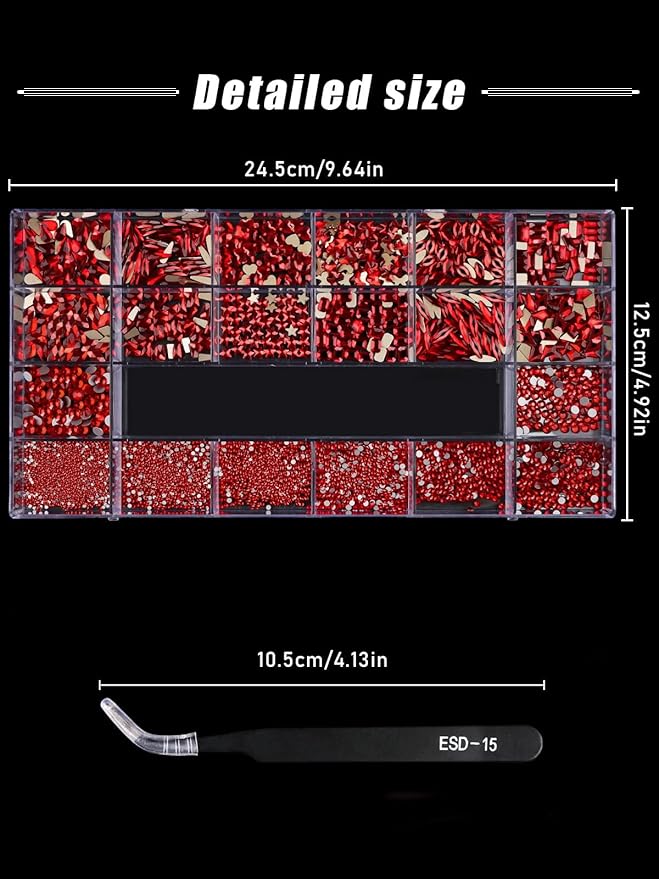 3100Pcs Red Rhinestones for Nails EBANKU Nail Art Rhinestones Kit Red Nail Crystal Rhinestones Mixed Shape with Rhinestone Picker Dotting Pen Tweezers for Valentine's Day DIY Nail Art Craft