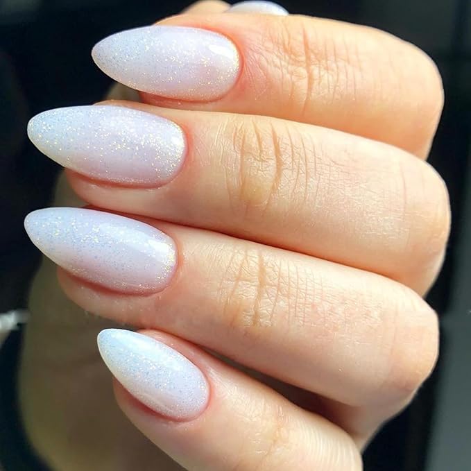 GLAMERMAID Nude White Glitter Press On Nails Short Almond, Translucence Milk White Handmade Soft Jelly Gel Fake Nails, Round Oval Stick Glue on Nails Kit for Women, Reusable Acrylic False Nail Set