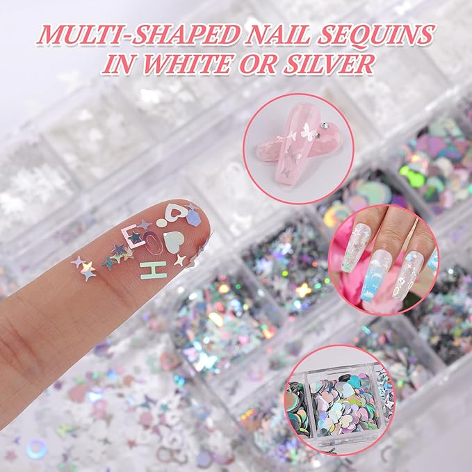 10 Boxes Holographic Nail Glitter Sequins Kit,Mixed Shape Iridescent Laser Butterfly Heart Star Maple Leaf Cherry Blossoms Sakura Petal Nail Art Flakes with Tweezers & Dotting Tools for Nail Craft
