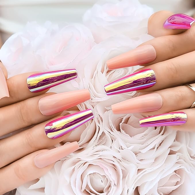Hypnaughty 24 Pcs Raspberry Golden Chrome & Peach Extra Long Coffin Press On Nails and Glue Reflective Mirror XL False Nails (Raspberry Golden Chrome & Peach)