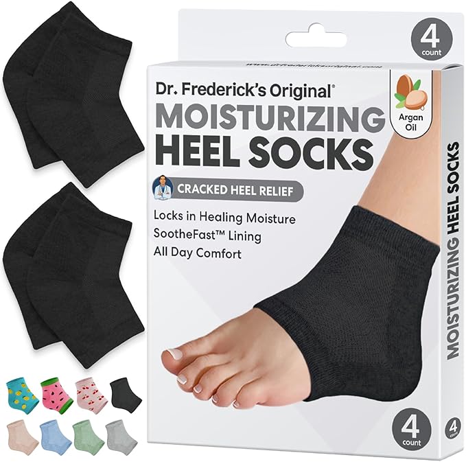 Dr. Frederick's Original Moisturizing Heel Socks for Dry Cracked Heels Treatment - Infused with Olive Oil, Jojoba Oil and Vitamin E - 2 Pairs - Valentines Day Gifts for Her & Him - Black Argan