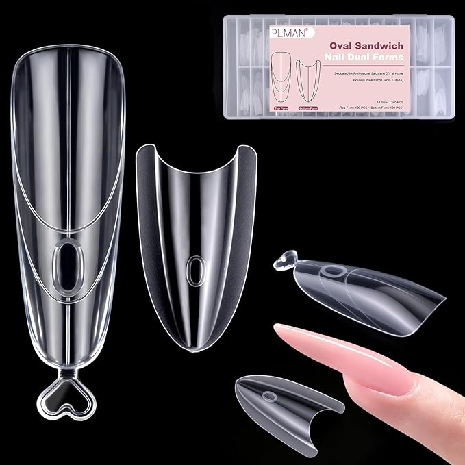 240 PCS Sandwich Nail Dual Forms, Nail Extension Kit for Beginner & Professional, 14 Sizes Dual Form for Polygel and Builder Gel, Salon and Home DIY Nail Art Tools (Oval)
