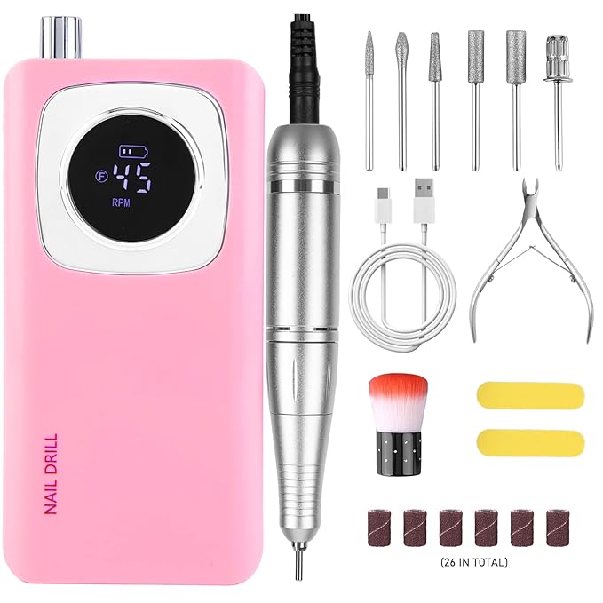 Electric Nail Drill Professional 45000 RPM, Rechargeable Cordless Electric Nail File Machine Kit for Acrylic Gel Nails Polishing Removing, Quiet E-File with Bits for Manicure Salon Home