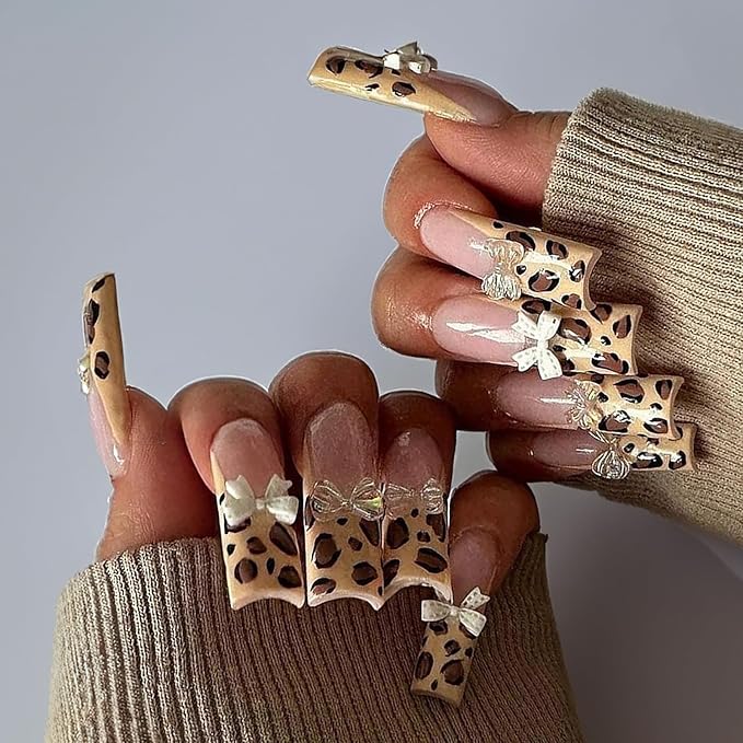 24 Pcs French Press on Nails Long RTKHFZE Square Nude Fake Nails with Leopard Designs False Nails Bow Charms Full Cover Artificial Nails Stick on Nail for Women Girls