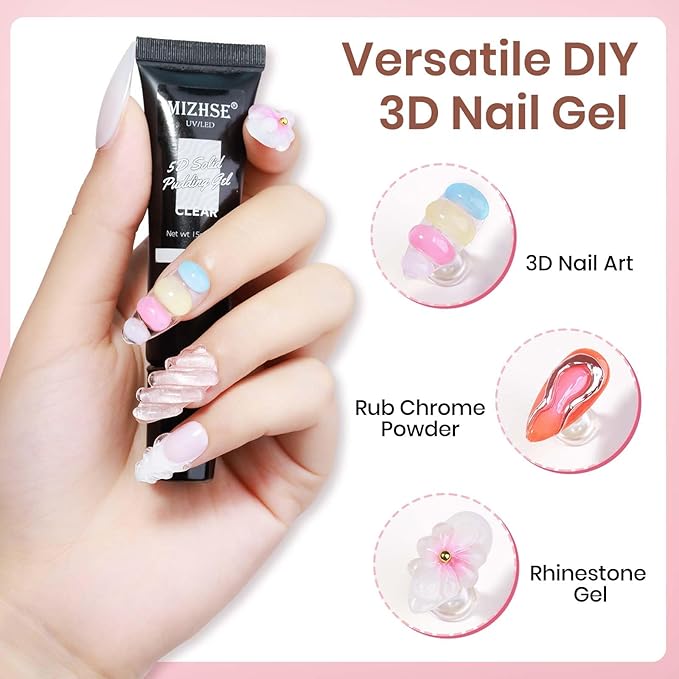 MIZHSE 3D Nail Gel and Chrome Nail Powder Kit, 15g Sculpting Gel Glue for Molding, Drawing, Charms & Gems, Chrome Powder, Rhinestone Design No Wipe Nail Polish for DIY Nail Art