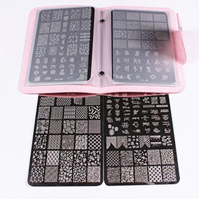 4PCS XL Stamping Nail Art Plates with 1stamper,1scraper and 1 Pcs Pink Stamping Plate Organizer