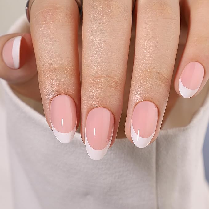 White French Tip Almond Shaped Soft Gel Press on Nails Short Fake Nails with Nail Glue Designs Glossy Pink Thickened False Nails Full Cover Acrylic Nails Salon Quality Stick on Nails for Women