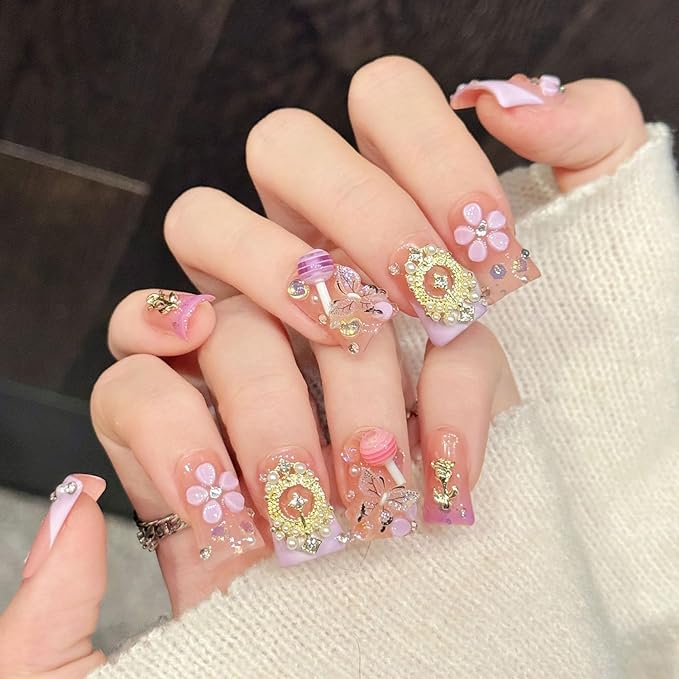 10 Pcs Valentines Day Handmade Medium Duck Press on Nails Flower Butterfly Candy Pattern Spring Fake Nails Cute Romantic False Nail for Women