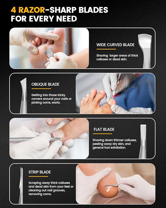 BEZOX 4PCS Pedicure Knife Tools – Professional Ingrown Toenail Removal Kit, Callus Shaver & Corn Scalpel, Foot Peeling Razor Toe Nails Blades (PU Leather Case Included) - Silver