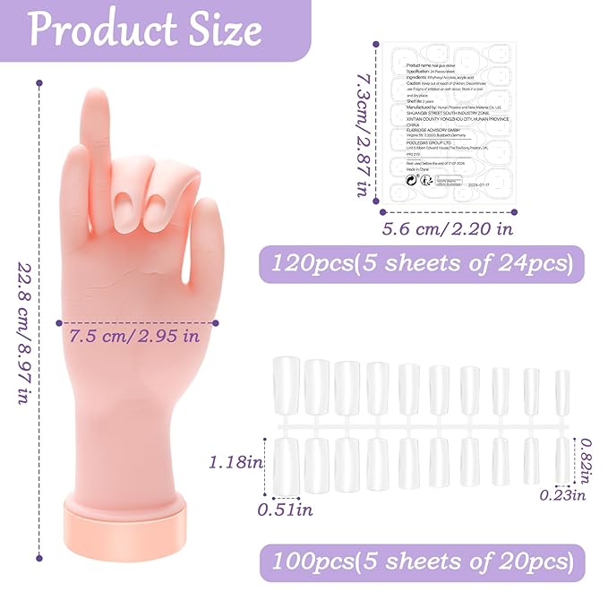Practice Hand for Acrylic Nails, Nail Practice Hand with 100 Pcs Nail Tips 120 Pcs Double-side Jelly Glue Stickers Bendable Fake Hand Mannequin Hand for Nail Practice Manicure Beginners