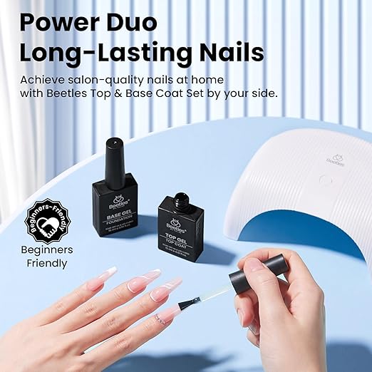 Beetles No Wipe Gel Top Coat and Base Coat Set for Gel Nail Polish - 2Pcs 15ml Super Shiny and Long Lasting Soak Off UV/LED Lamp Nail Art Design Gift