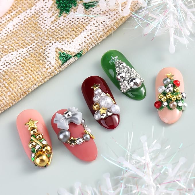 3D Nail Art Pearls and Beads Set, Colorful Half-Round Gems & Rhinestones, Mix Sizes Gold Beads for Nails, Christmas Nail Decorations Accessories DIY Manicure Supplies with Picker Tools