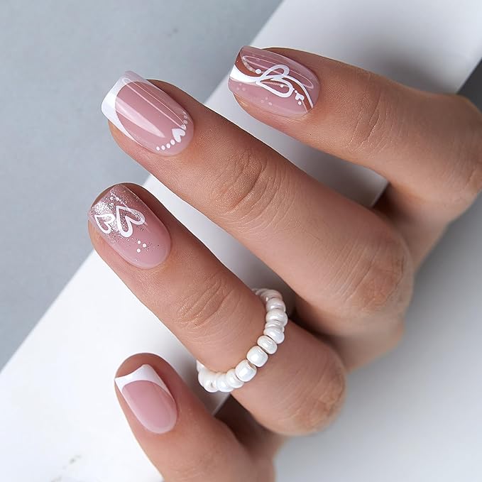 CurvLife Press On Nails – 30Pcs Soft Gel Fake Nails, Reusable Glue On Nail Kit with Adhesive Tabs, Natural Fit & Salon-Quality for Women & Girls (Sweet Heart French)