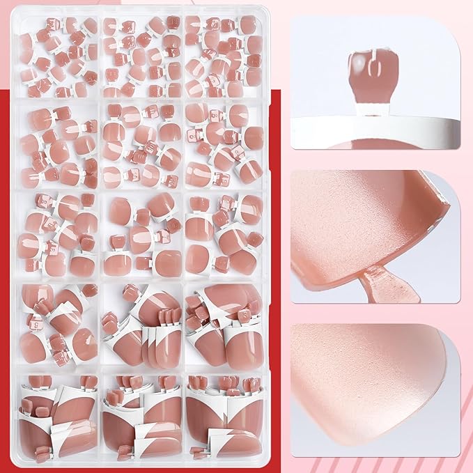 150pc White French Tips Press on Toenails Women Fake Toenail with Glue Tab, Brown Toe Nail Press ons Nails Short Square Fake Toe Nail Tips French Glue on Toenails Stick Acrylic Toes Nails Kit