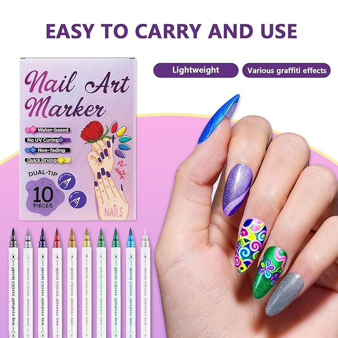 10 Colors Dual-Tip Nail Art Pens, Soft Brush & Fine Liner Design for Shading, Outlining & Detailed Nail Drawing, Quick-Dry Nail Art Pens for DIY Manicure, Gel Nails & Acrylic Nails