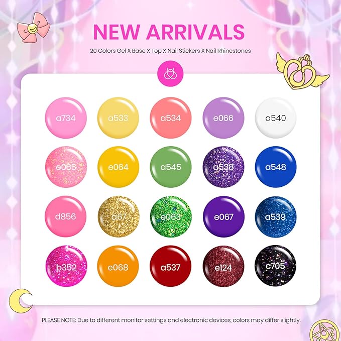 Beetles Gel Nail Polish Set - 20 Colors Pink White Black Yellow Red Glitter UV Led Gel Polish Kit with Nail Stickers Nail Rhinestones 3Pcs Base Top Coat Gift for Women Girls