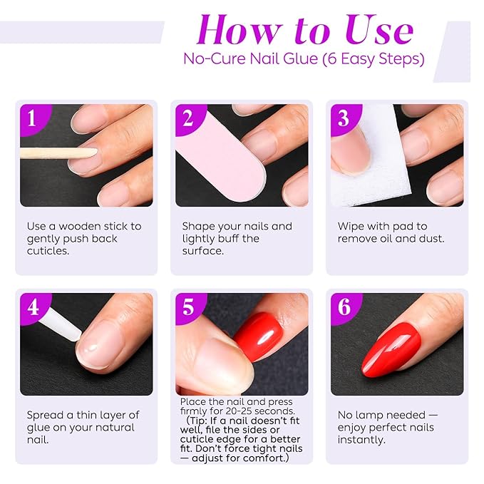Luxbon Press On Nails with No-Cure Nail Glue and Tool Kit – French Manicure Glue On Nails 30-32pcs Full Size Set, Reusable Fake Nails for Women, Salon Look at Home, Black