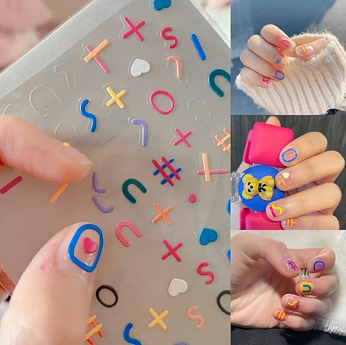 Color Line 5D Stereoscopic Embossed Nail Art Sticker Decal Simple Cute Line Nail Art Sticker Color Graffiti Symbol Pre-Installed Adhesive for Nail Art DIY Design (2 Sheets) + Multifunctional Nail Tweezer (1 Pcs)