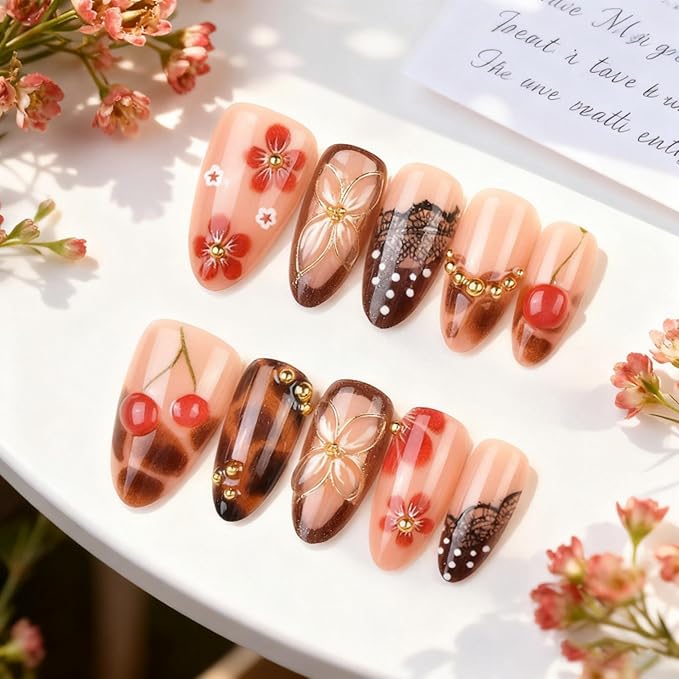 Medium Press on Nails Almond Fake Nails SEENEEY Brown Artificial Nail Red Floral and Gold Charm Designs Cherry Stick on Nail for Women 30pcs