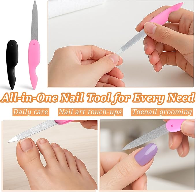 4PCS Folding Metal Nail Files – Stainless Steel Double-Sided Cuticle & Nail Care Tools for Men and Women (2 Pink + 2 Black)