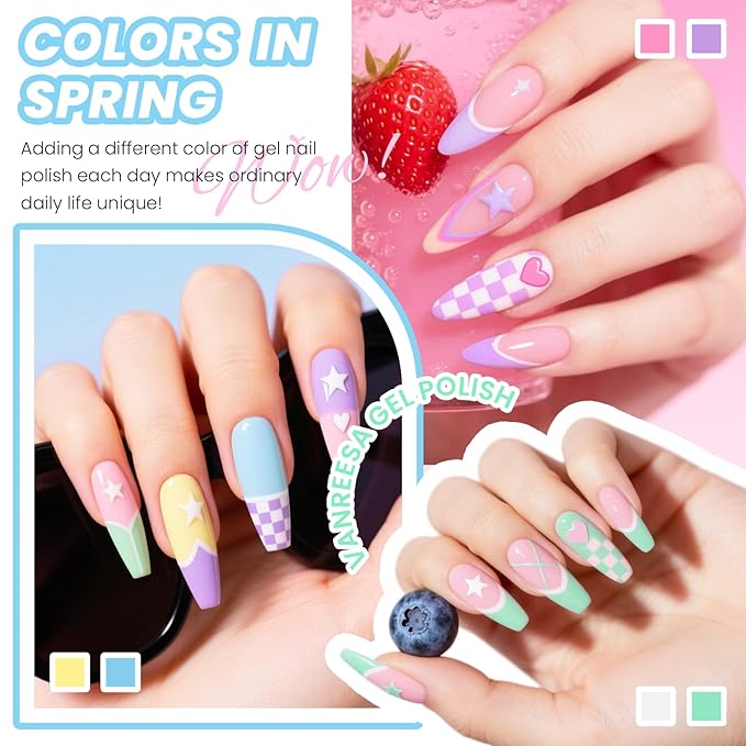 VANREESA 48 Pcs Gel Nail Polish Set 42 Colors Spring Summer Fall Winter Gel Polish with 2 Pcs Base Coat & 4 Effects Top Coat Nail Kit Gifts for Women Girls Nail Art Salon at Home