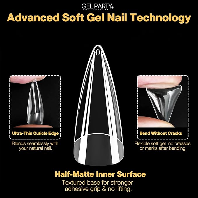 GELPARTY Soft Gel Nail Tips Medium Stiletto - 240 Pcs Pre-Buffed Matte Full Cover Tips - No Filing Needed, Soak Off Gel Extension System - Clear False Nails (12 Sizes)