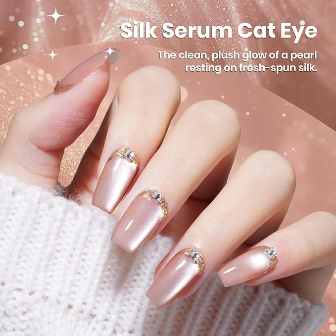 Beetles Silk Serum Nude Cat Eye Gel Nail Polish - 15ML Nude Gel Polish Cat Eye Base Color Glitter Magnetic Translucent Glassy Effect Soak Off UV French Nail Art DIY Manicure Gift for Women