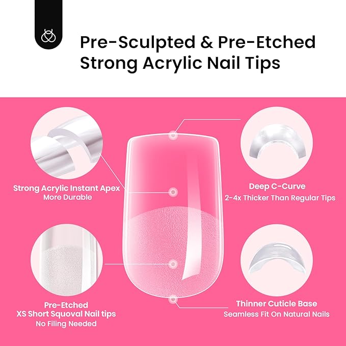 Beetles Tipex Instant Apex Nail Tips Kit, Extra Short Squoval 224Pcs 16 Sizes Pre-Building & Pre-Etched Gel Nail Tips Thicker Acrylic Nails False Nail Extension with Tipex Uv Nail Glue Mini Nail Lamp