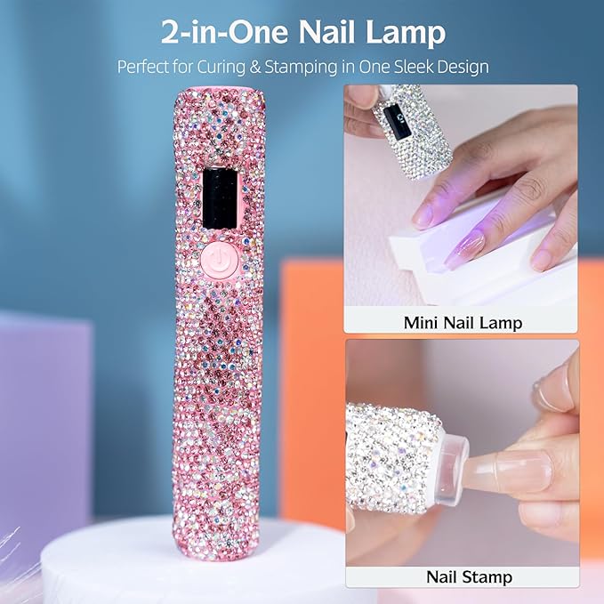 3W Portable LED Nail Lamp with Sparkly Rhinestones, Handheld UV Light, Wireless Rechargeable USB Nail Dryer with Silicone Stamper, LCD Display Screen for Fast Curing Home DIY Manicure Pink