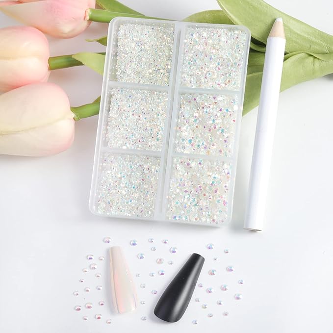 Beadsland 7200pcs Flatback Rhinestones,Transparent Rhinestone Nail Gems Round Crystal Rhinestones for Crafts,Mixed 6 Sizes with Wax Pencil Kit, SS3-SS10,Transparent AB