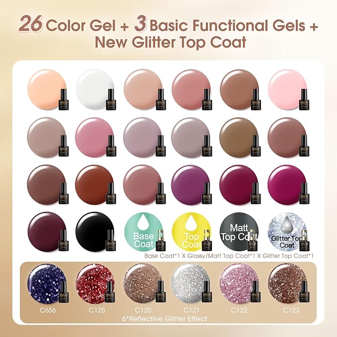 ROSALIND 30pcs Gel Polish Nail Set with Base Gel Top Coat (Glossy Matte and Glitter), 20 Fall Winter Colors Gel Nail Polish 6pcs Reflective Glitter Effect Nail art for Women