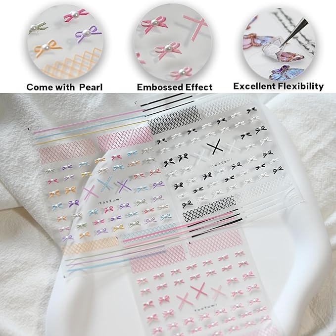 Bow Black White Colorful Nail Art Stickers Pearl Rhinestones Embossed Nail Decals for Nail Art Design Self-Adhesive Nail Accessories for Women Nail Art Supplies 3 Sheets